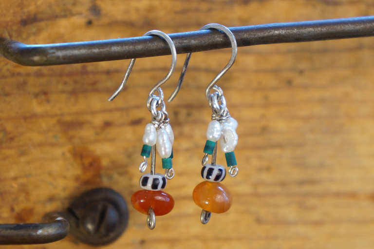 Rasenna Tassel Earrings in Malachite, Pearl & Carnelian